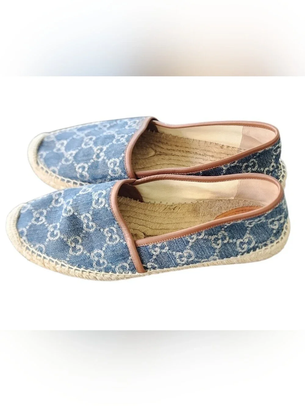 Gucci Blue Monogram Denim Espadrille Flats with Brown Trim